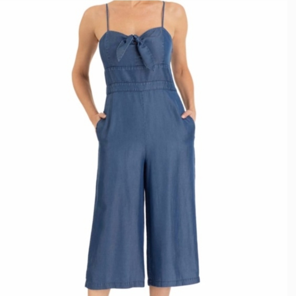 FOREST LILY | chambray smocked back spaghetti strap cropped jumpsuit playsuit